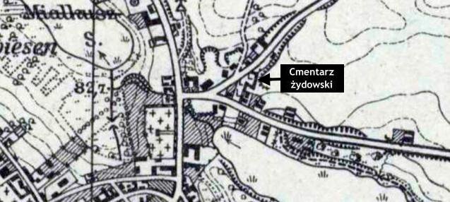 Fragment planu Chemy z 1944 r. z zaznaczeniem cmentarza ydowskiego