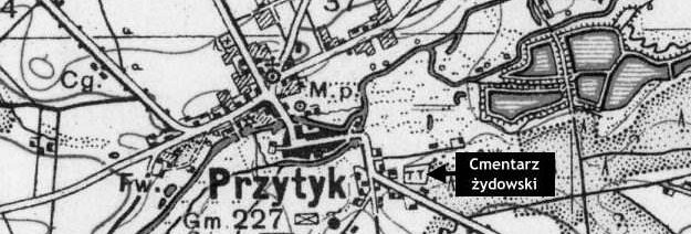 Mapa okolic Przytyku z 1938 roku z zaznaczonym cmentarzem ydowskim